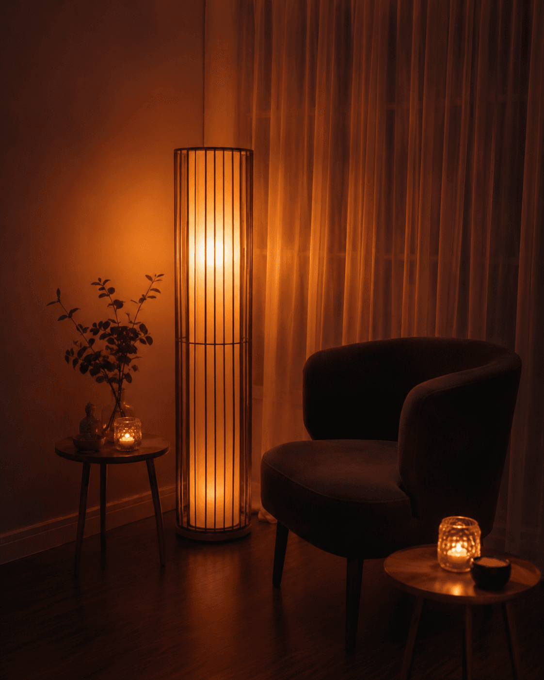 Close de óleos, vela e elementos de cuidado em sala de massagem com luz âmbar