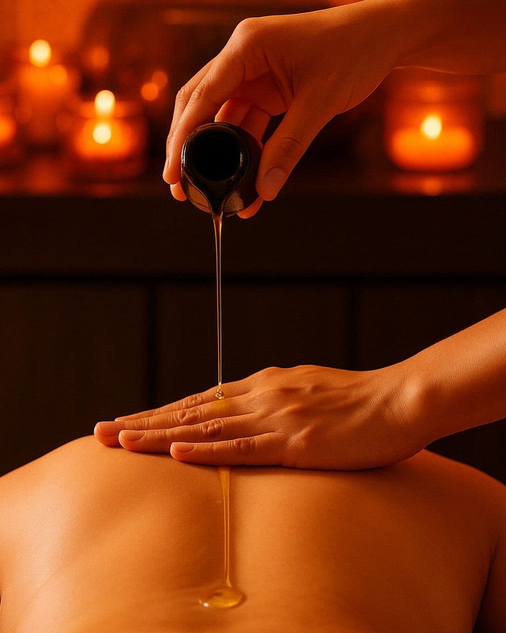Aplicação de óleo morno durante massagem terapêutica em ambiente acolhedor
