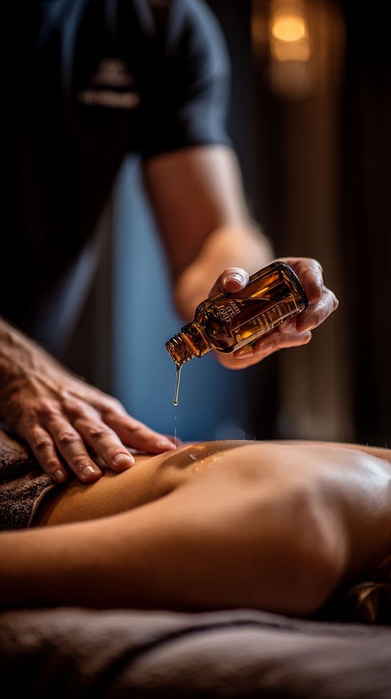 Terapeuta aplicando óleo de massagem, detalhe do atendimento profissional